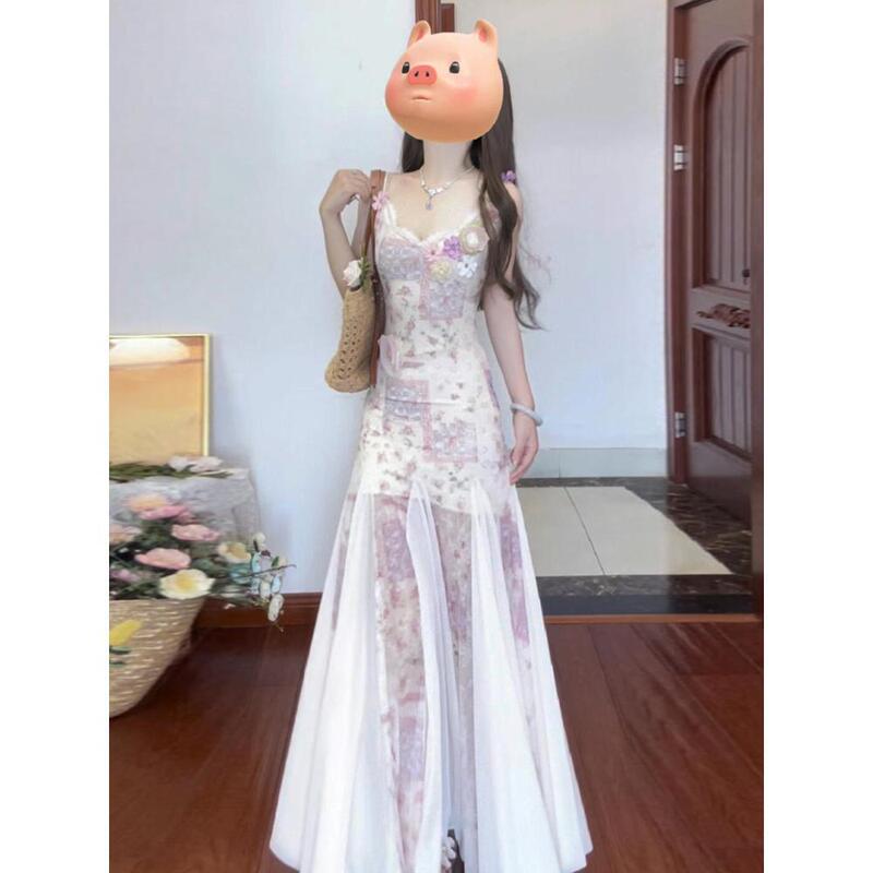 Beach Vacation Gentle Style Three-Dimensional Floral Spaghetti Strap Dress Stunning Beautiful Elegant Waist-Hugging Beach Dress Beach Vacation Gentle Style Three-Dimensional Floral Spaghetti Strap Dress Stunning Beautiful Elegant Waist-Hugging Beach Dress