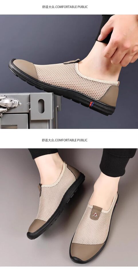 Giày sandal nam lười đế bằng, mũi tròn, thân lưới thoáng khí, phong cách casual — Màu kaki, màu đen chi tiết 18