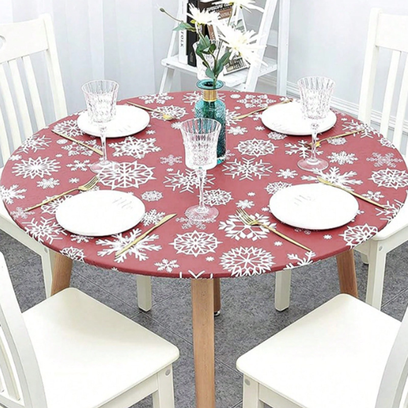 Mantel redondo de PVC transfronterizo impermeable y a prueba de aceite forrado de vellón grueso transparente impreso mantel de plástico banda elástica mantel de grano de madera