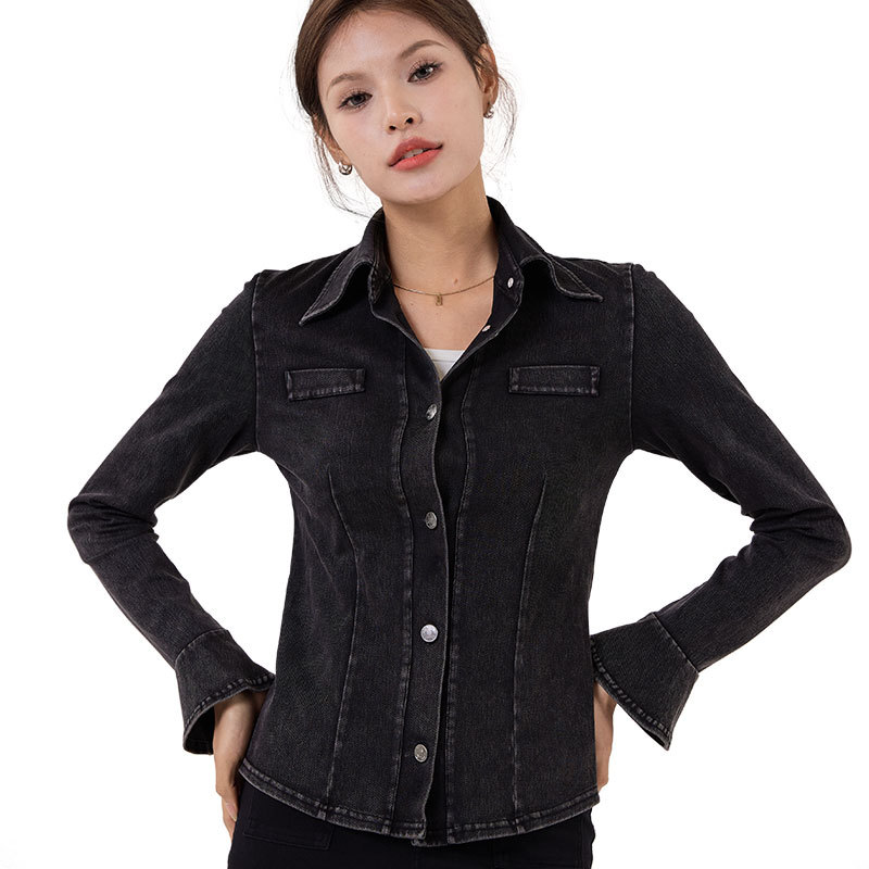 Nueva camisa de vaqueros con mangas de cuerno, camisa de vaqueros con cuello delgado, hebilla de metal elástica, chaqueta deportiva de fitness