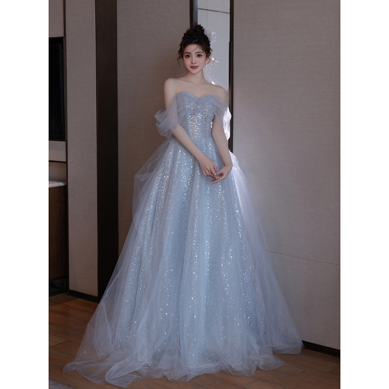 Evening dress women's off-shoulder blue student art examination dress bar mitzvah at large princess dress banquet temperament host