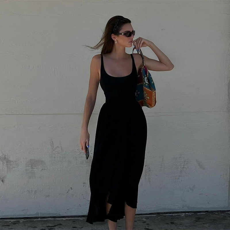 Spot 746 New 2024 Summer Kenllda High-Waisted Little Black Dress Square Collar Knitted Vest Slim Dress
