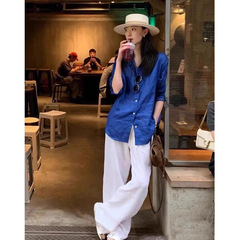 老銭風亜麻シャツ女性夏の新型日焼け止め白色綿麻シャツ高級感ワイドパンツセット