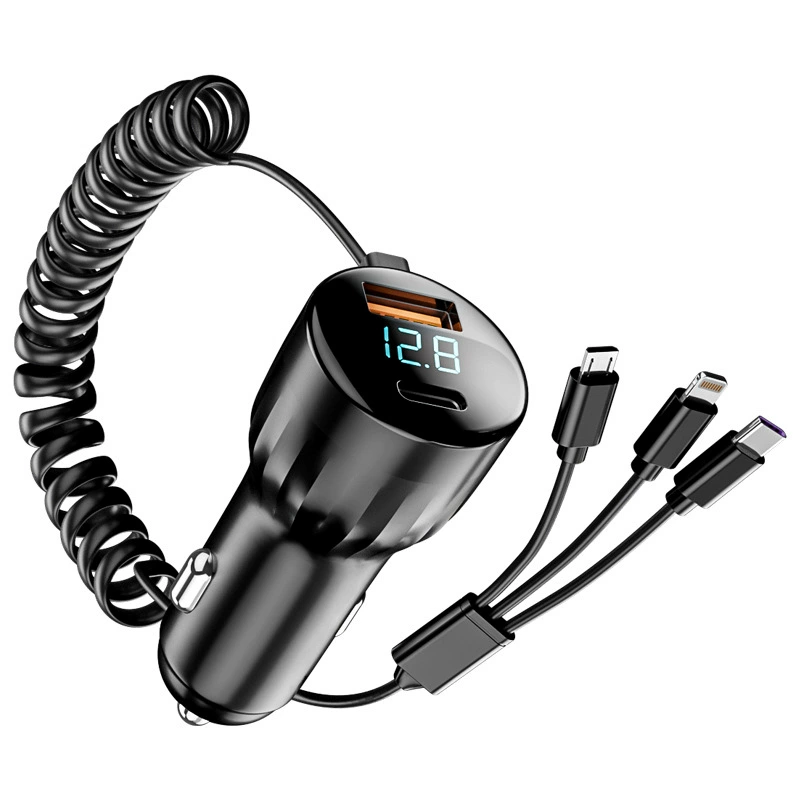 Автомобильное зарядное устройство 66 Вт, мультипорт USB-C PD + USB-A QC, цифровой дисплей, 3 в 1 кабель