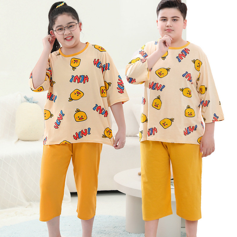 太った子供服の男の子の大きいサイズの夏服の薄いタイプのエアコンの服は肥えて家の服の青少年のパジャマの2セットのファッションを増加します。|undefined