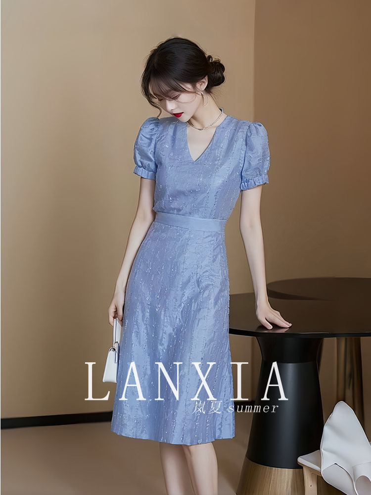 Váy dài maxi nữ thắt eo kiểu Pháp sang trọng dự tiệc hè — Màu xanh lam, Màu tím chi tiết 7