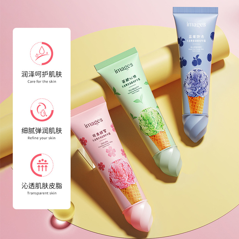 Crema de manos de belleza de imagen con regalo de mano hidratante cuidado de la piel hidratante fragancia no grasa helado crema de manos pieza pequeña