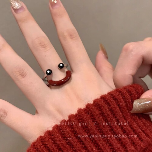 Cute, cute, smiley open ring, niche design index finger ring for women, fashionable, quirky ring