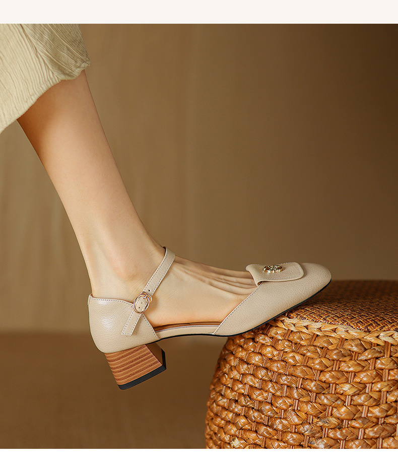 Sandal nữ quai ngang mũi bao da cừu cao cấp, gót vuông ổn định — Màu trắng be chi tiết 10