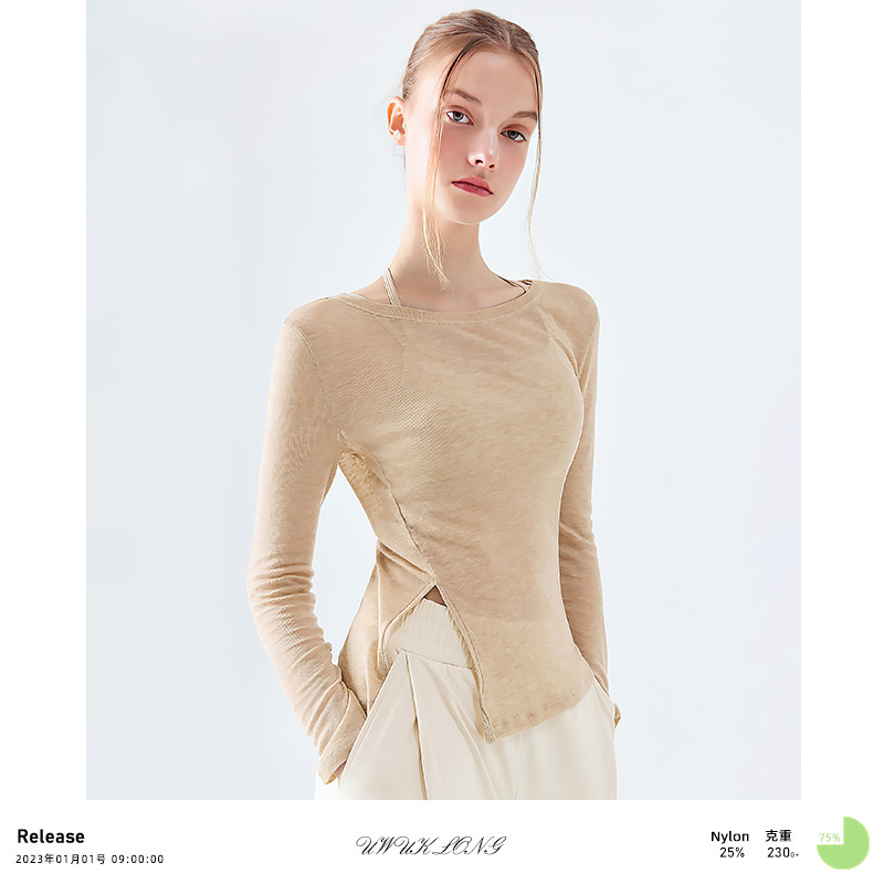 Round neck long sleeve yoga top autumn hem split slimming basic solid color simple loose breathable sports top