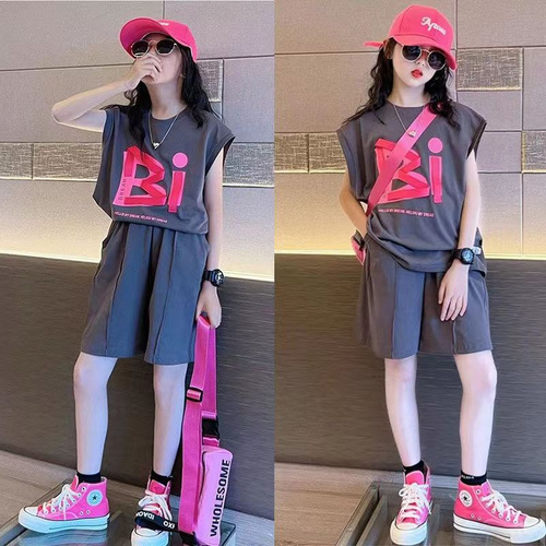 Girls Summer Vest Five-Piece Pants Two-piece Set 2023 New Medium and Large Children's Letter Printed Tops and Shorts Suit Trendy