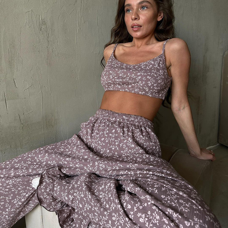 2024 Summer New Sweet and Comfortable Floral Printed Sling Exposable Waist Lotus Leaf Lace Micro Lace Trousers Home Clothes