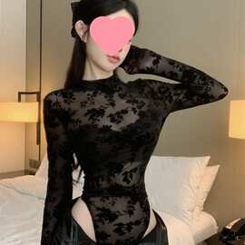 高领长袖打底衣透视性感连体衣植绒花朵网纱弹力辣妹黑色上衣女秋