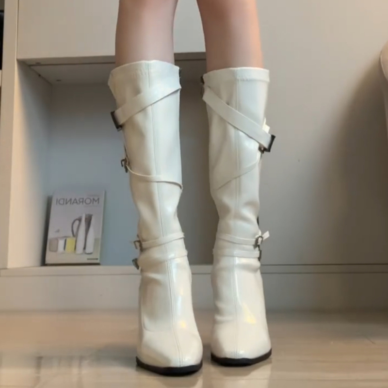 羊皮版~高跟长筒靴女欧美漆皮粗跟方头皮带扣骑士靴不过膝时装靴|undefined