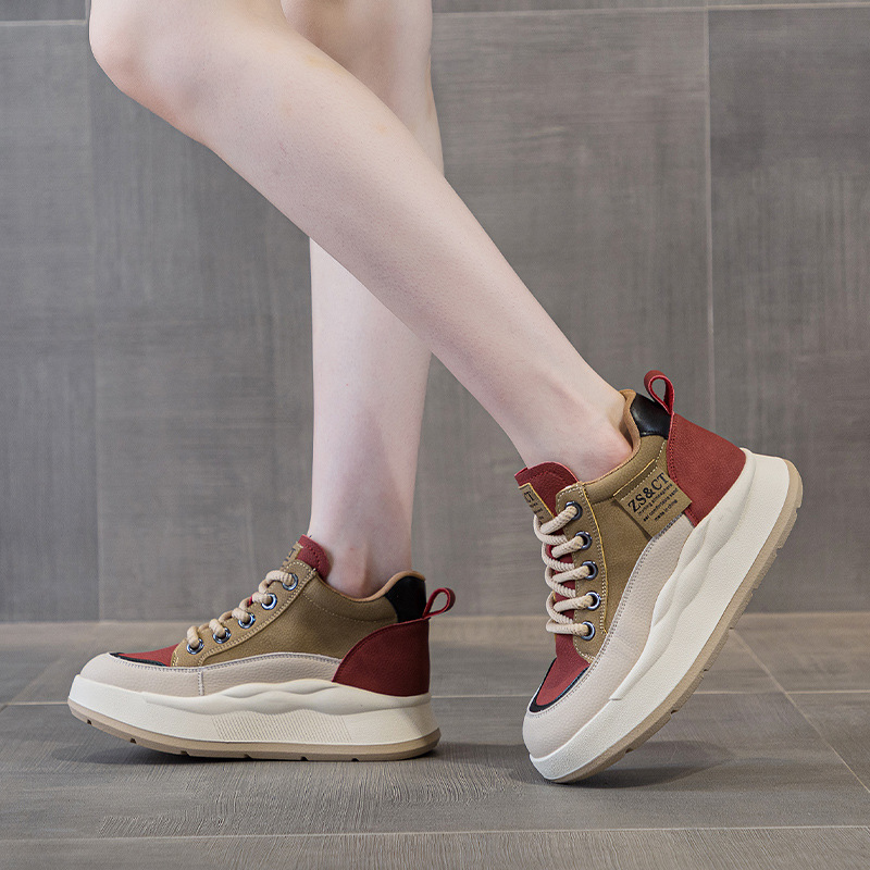 Genuine Leather High-Top Sneakers for Women, 2026 Autumn and Winter New Trendy Popular Casual Height-Increasing Thick-Soled Fleece-Lined Casual Shoes