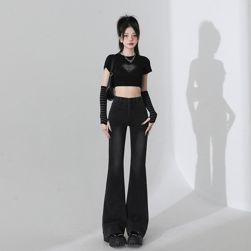 港风设计感微喇牛仔裤女秋季新款美式高腰修身显瘦垂感马蹄喇叭裤|undefined