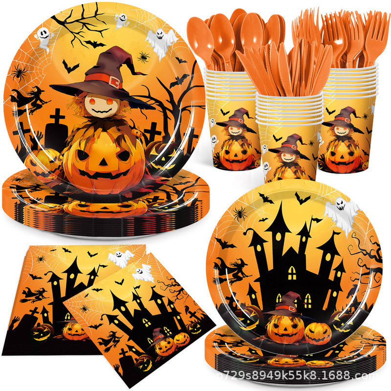 New Horror-Themed Halloween Tableware Set, Disposable Paper Plates, Halloween Dessert Table Event Table Decoration New Horror-Themed Halloween Tableware Set, Disposable Paper Plates, Halloween Dessert Table Event Table Decoration