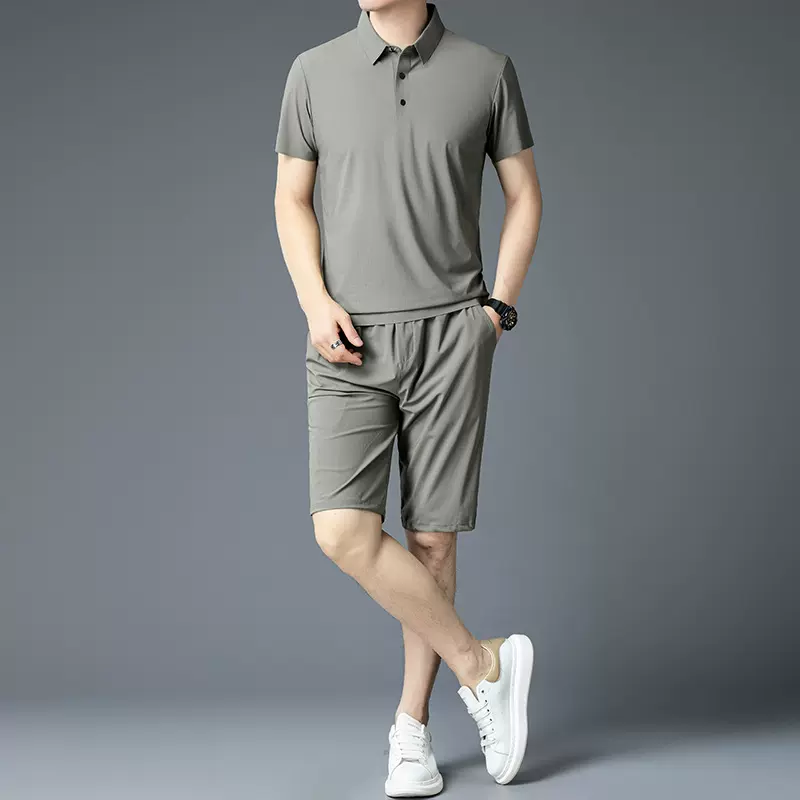 100%桑蚕丝男士休闲商务短袖短裤套装无痕polo衫两件套中年爸爸装