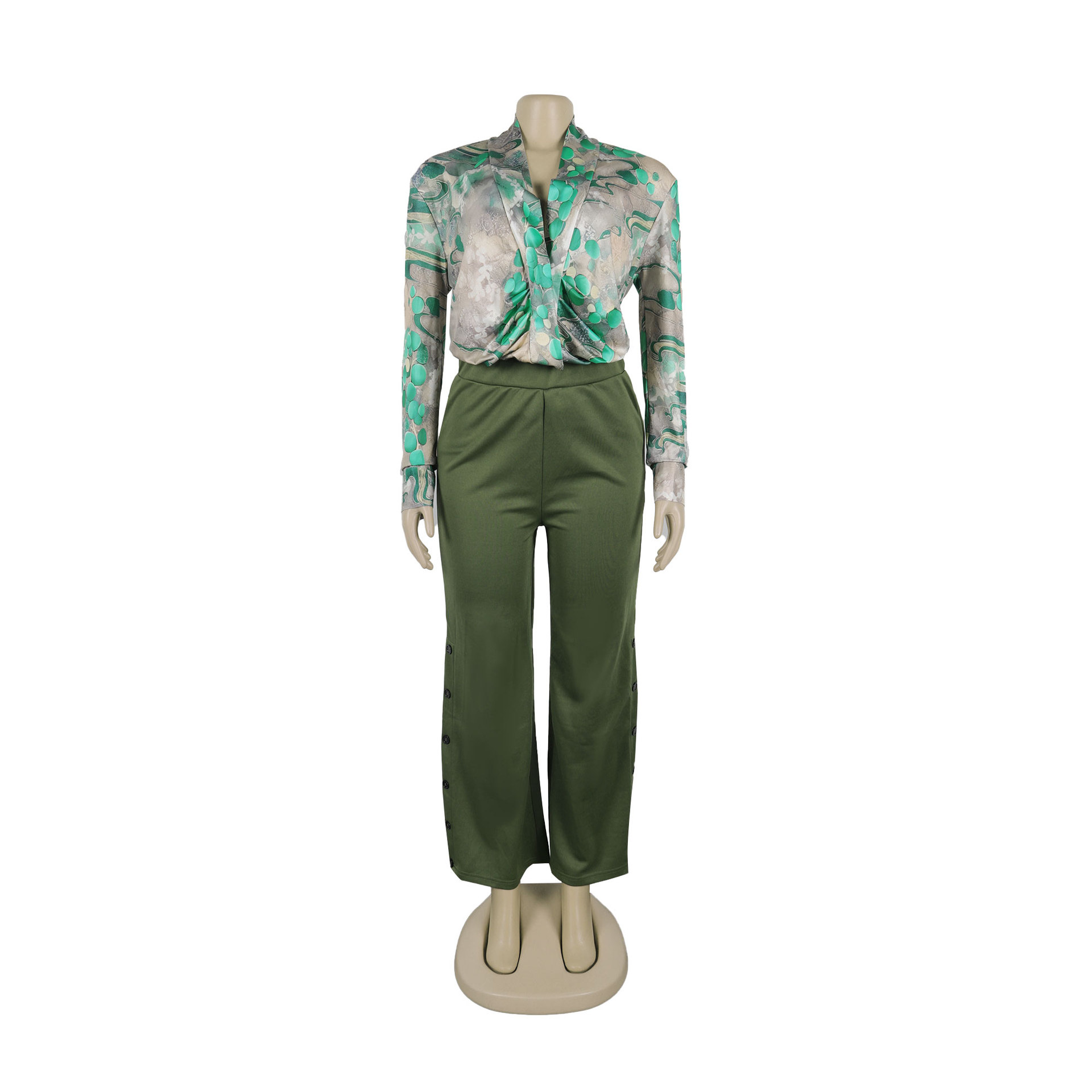 Women Printed V neck Shirt Wide Leg Pants Two Piece Set
