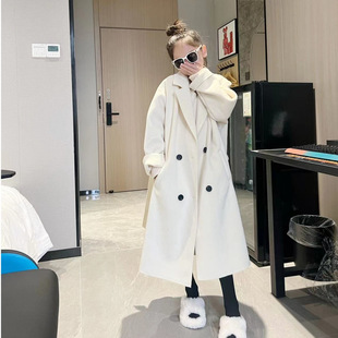 Autumn and Winter New Girls' High-grade Woolen Coat European and American Girls' Knee-length Woolen Coat Lapel Coat