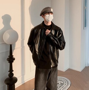 Korean Style Maillard Light Luxury Trendy Men's Pu Leather Jacket Fashion Versatile High-End Stylish Handsome Lapel Biker Jacket Coat