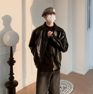 韩版美拉德轻奢潮男PU皮衣夹克时尚百搭高级感痞帅翻领机车服外套