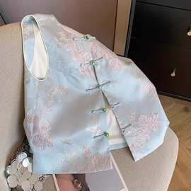 减气质上衣国风搭气质温女开衫龄马甲百提无袖扣柔风流行的花盘