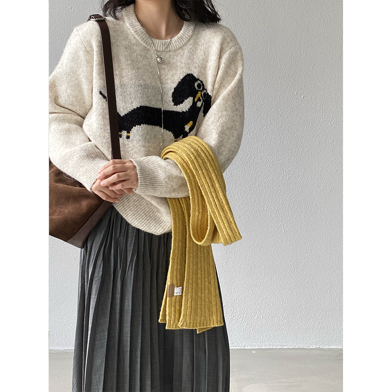 Jiangzuo Dachshund Jacquard Round Neck Versatile Cartoon Pattern Knitwear Women's Winter Thickeneded Round Neck Knitwear 98801