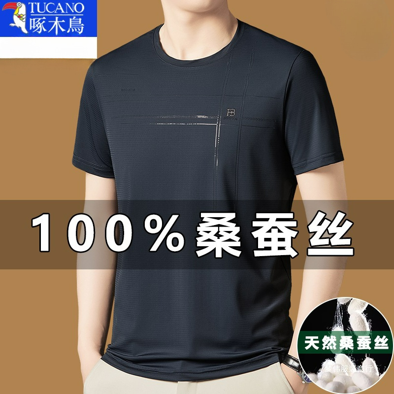 キツツキマルベリーシルク半袖 Tシャツメンズ 2025 新しい夏のラウンドネック Tシャツアイスシルク半袖メンズ Mengwei|undefined