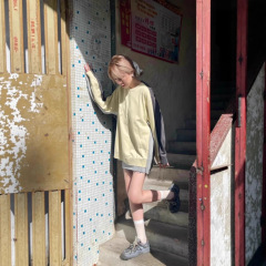 同款布衣春秋圆领江南卫衣拼色宽松毛圈布拼接套头上衣