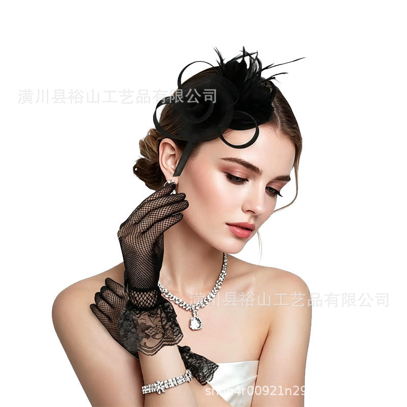 Bride's Feather Headpiece, Headwear, Gloves Set, Horse Racing Festival Stage Performance Vintage Small Hat, Bridal Headband, Hair Accessory