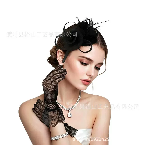 Bride's Feather Headpiece, Headwear, Gloves Set, Horse Racing Festival Stage Performance Vintage Small Hat, Bridal Headband, Hair Accessory