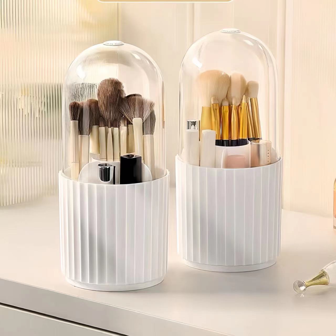 Makeup brush organizer tube, rotating dust-proof desktop lipstick & loose powder brush holder, vanity shelf, cosmetic storage box