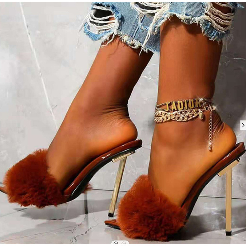 2021 for cross-border electroplated thin-heeled high-heeled rabbit fur women's sandals 35-42 spot