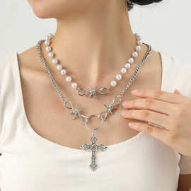 欧美跨境饰品双层叠戴珍珠项链个性甜美金属项链女生锁骨链