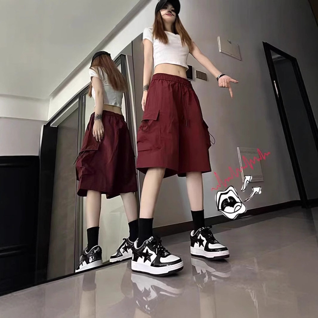 Wine Red Crane Shorts Women's Summer Thin High Waist Casual Wide Leg Design Quick-drying Sports American Style Pants