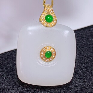 Fubei Diamond Jewelry [18K Gold Inlaid Hetian White Jade Square Safety Buckle Pendant] Loose Stone about 25*22mm
