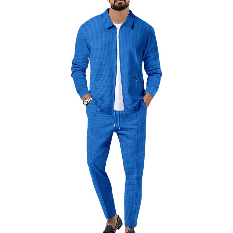 2025 Chaqueta transfronteriza para hombre otoño juventud waffle bolsillo con cremallera solapa cárdigan delgado traje de chaqueta para hombre