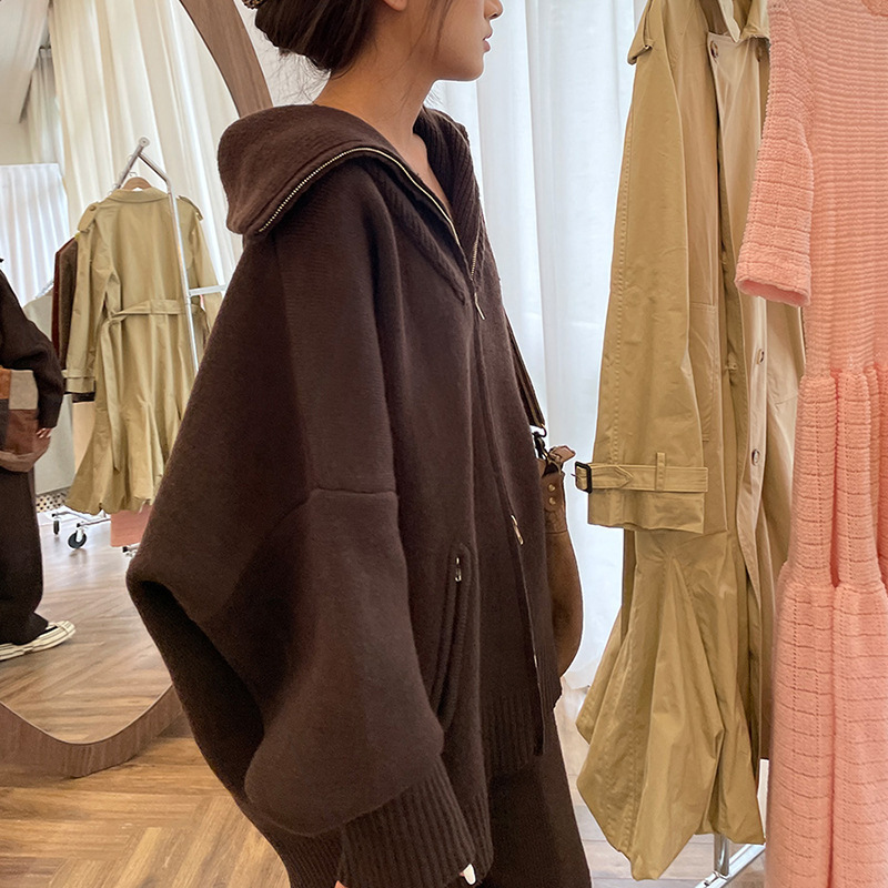 패셔너블하고 게으른 캐주얼 정장 더블 지퍼 라펠 스웨터 가디건 + 스트레이트 레그 할머니 바지 판매 준비 |