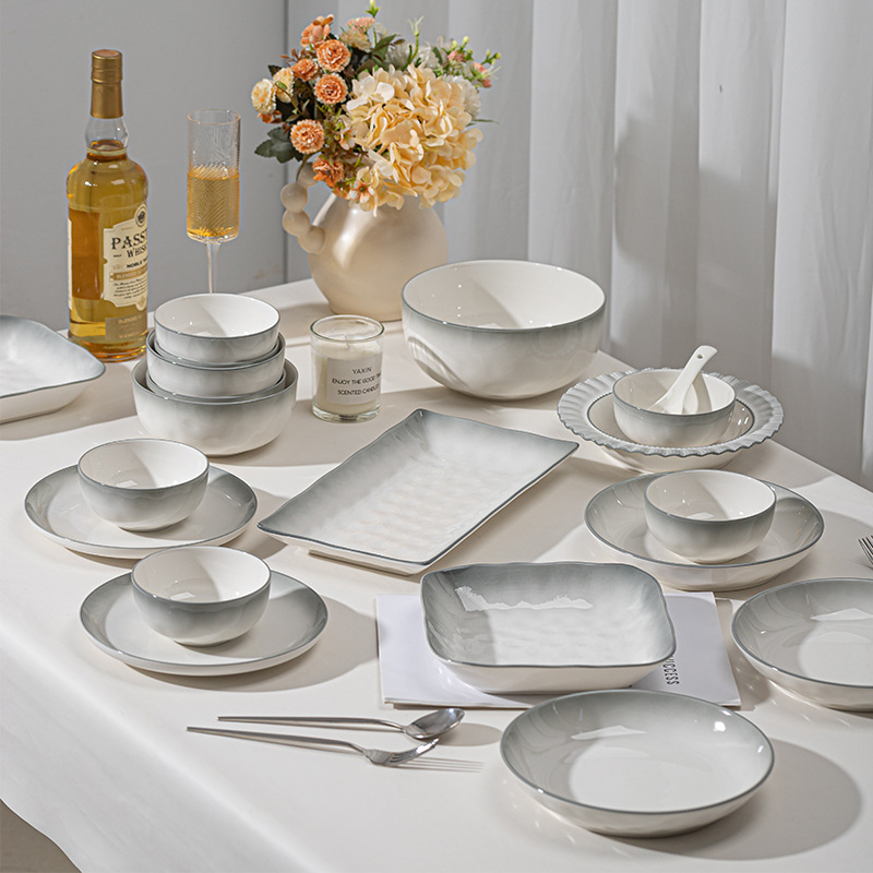 Cuenco de cerámica de alto valor simple personalizado, plato, tazón de arroz de color vidriado, tazón de sopa, plato de pescado, juego de vajilla de cerámica