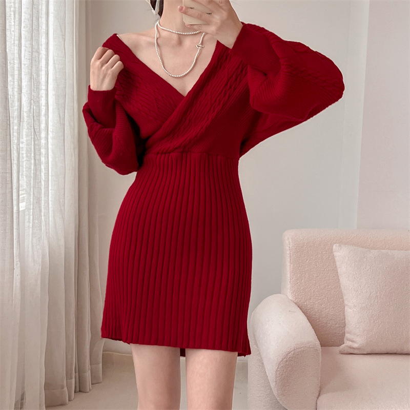 Vestito aderente con scollo a V, sexy, in maglia, autunno/inverno 2023, nuovo alla moda, con intrecci di pasta fritta, lunghezza media_voghion.com