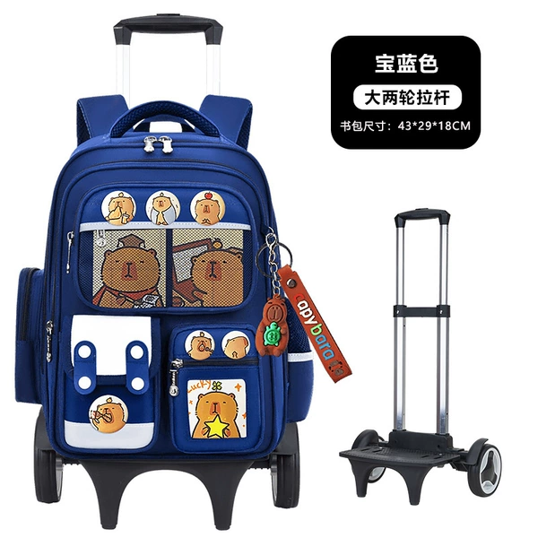 Blue backpack, suitcase on wheels