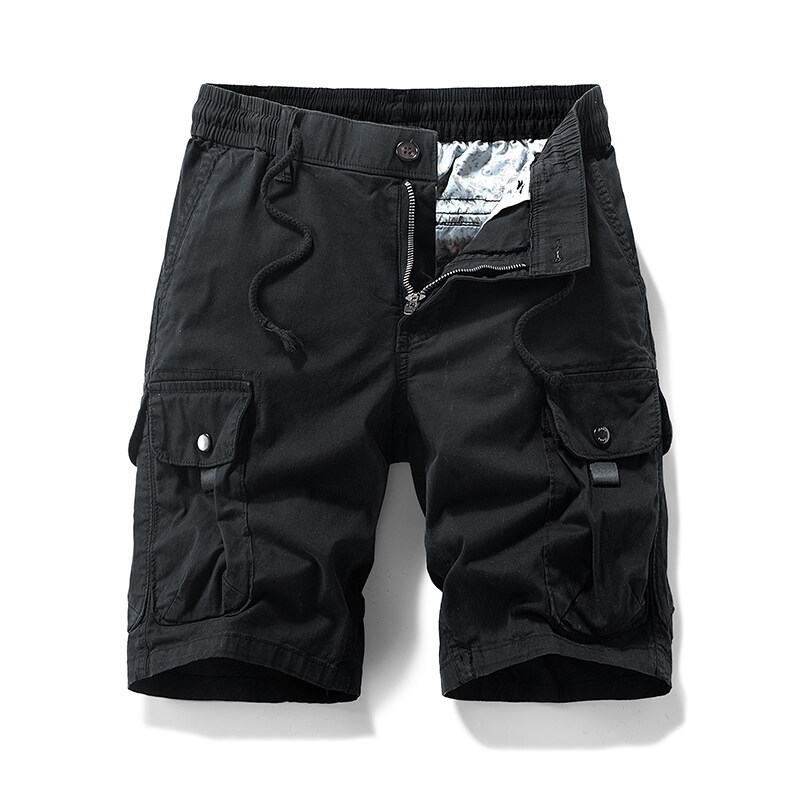 Men's Summer New European and American Cross-Border Cargo Pants Japanese Retro Thin Multi-Pocket Cargo Solid Color Knee-Length Shorts for Men
