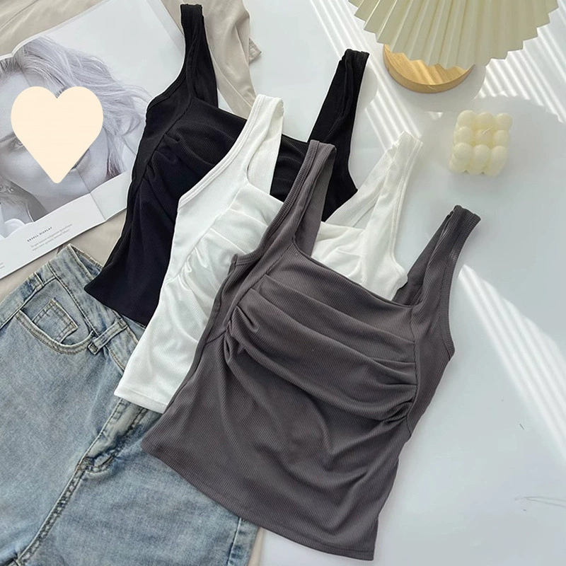 Женский летний короткий топ-камзол в корейском стиле с плиссировкой, открытой спиной, облегающий, однотонный, с вкладышами для груди.
