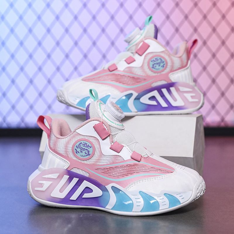 Zapatillas de baloncesto para niñas 2025 primavera nueva malla transpirable hebilla giratoria zapatos deportivos para niñas para niños zapatos para correr con botones