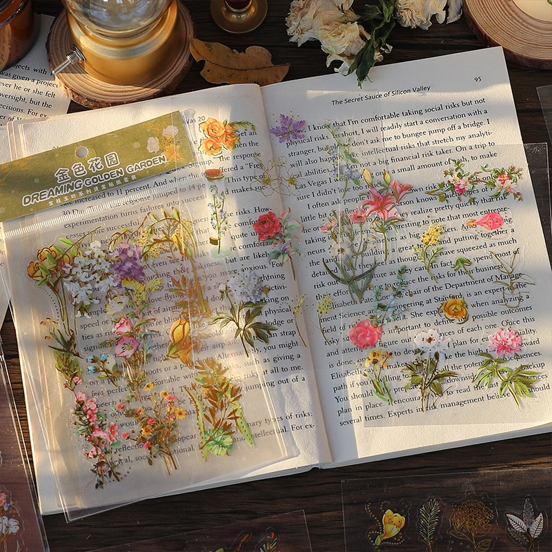 Sueño de oro jardín serie bronceado impermeable PVC pegatinas Planta Fresca flor diario material DIY pegatinas decorativas