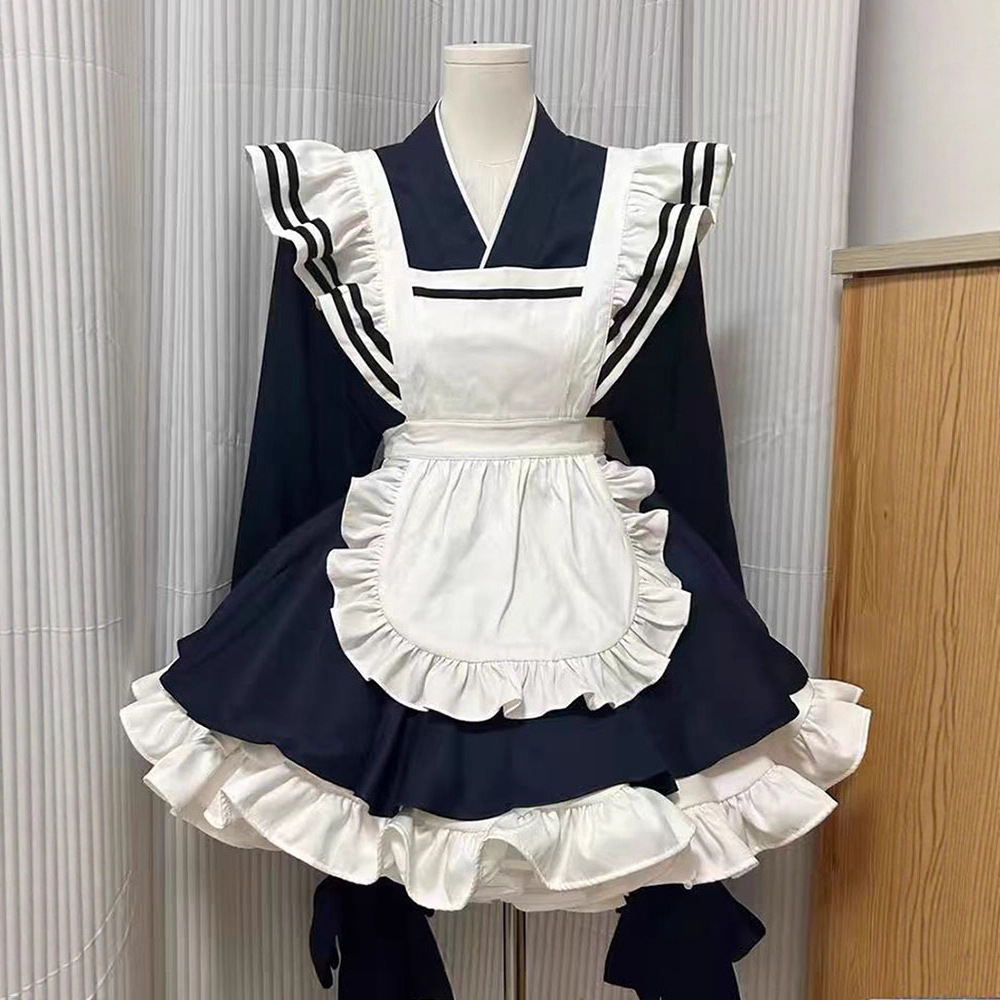 Japanese-Style Navy Maid Lolita Dress Cute Soft Girl Academy Style Long-Sleeve Irregular Dress Apron Four-Piece Set