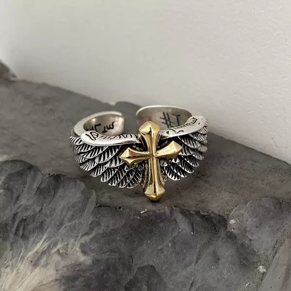 Factory Wholesale Thai Silver Wings Cross Graffiti Letter Open Ring Domineering Personality Men's Ring