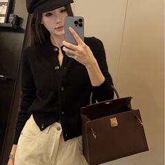 100% 純ウールカーディガン女性秋冬小香風丸首ショートニットレトロ洋気ソフトモチカシミヤセーター