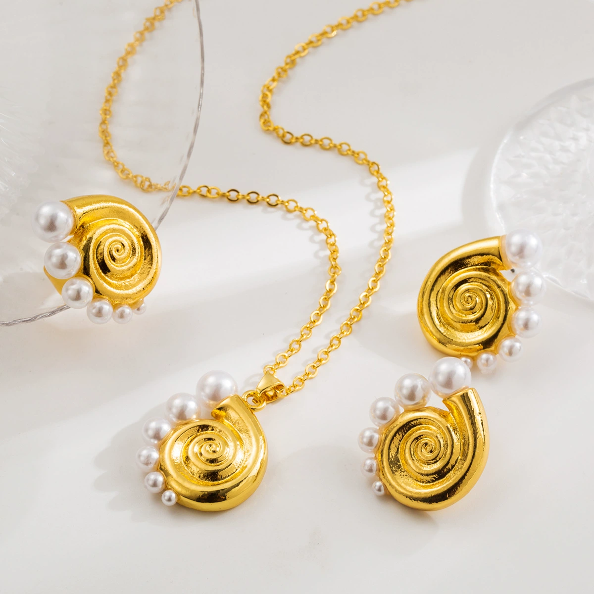 Fashionable brand earrings from pearl, necklace, ring for leisure, beach accessory, European style, simple and elegant design